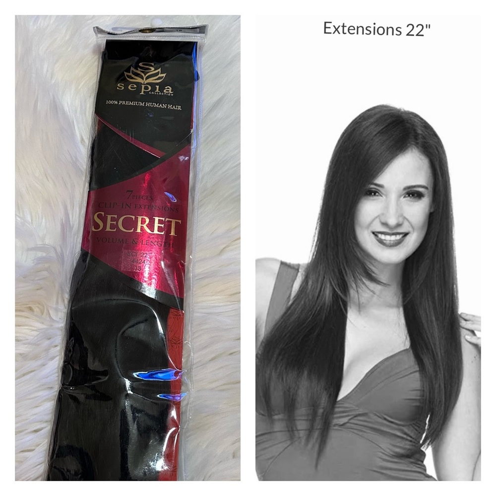 $279 Sepia Secret 22" Off Black 1B Human Hair Clip in Extensions × 5 pcs UNUSED